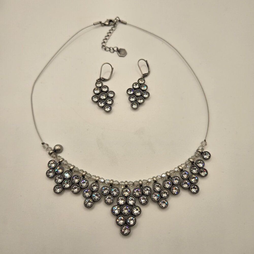 Crystal Bib Necklace Earrings Set Swarovski TC Statement Silver Tone